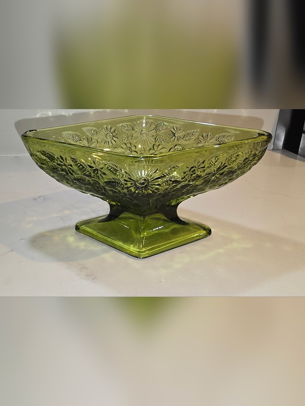 Olive Green Floral Pressed Glass Pedestal Bowl